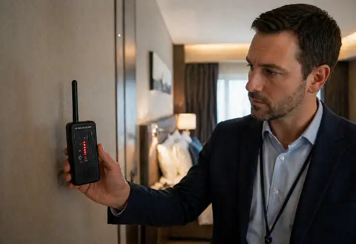RF bug detector scanning hotel room for hidden devices