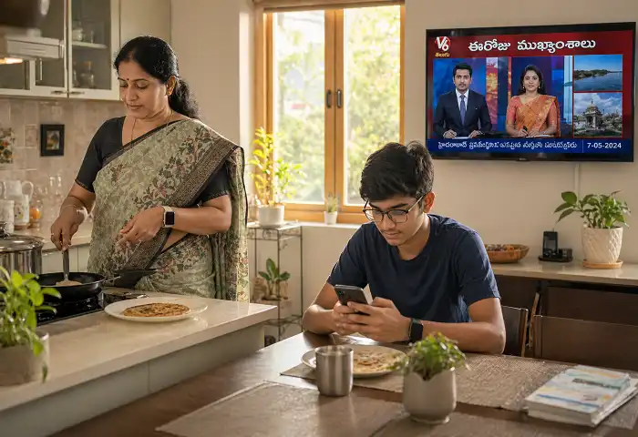Telugu family using gadgets in morning routine