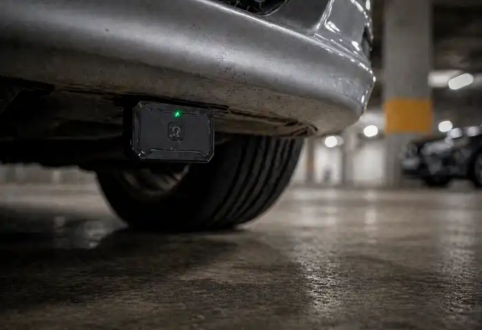 compact GPS tracker attached under car bumper
