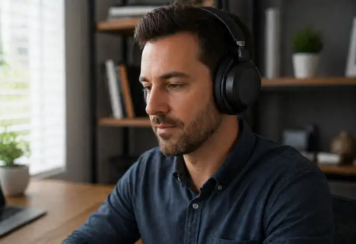 premium noise cancelling headphones on wooden desk
