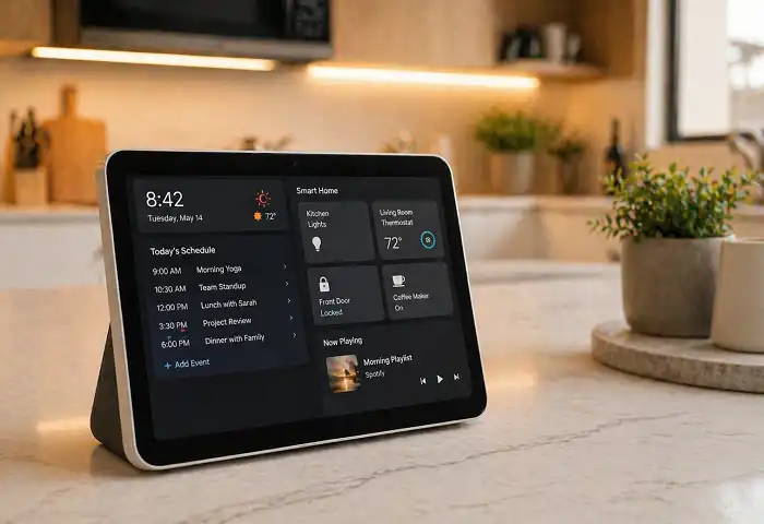 smart home display hub on kitchen counter