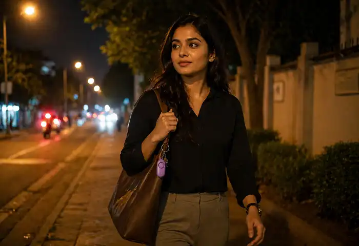 woman walking alone at night with safety gadget