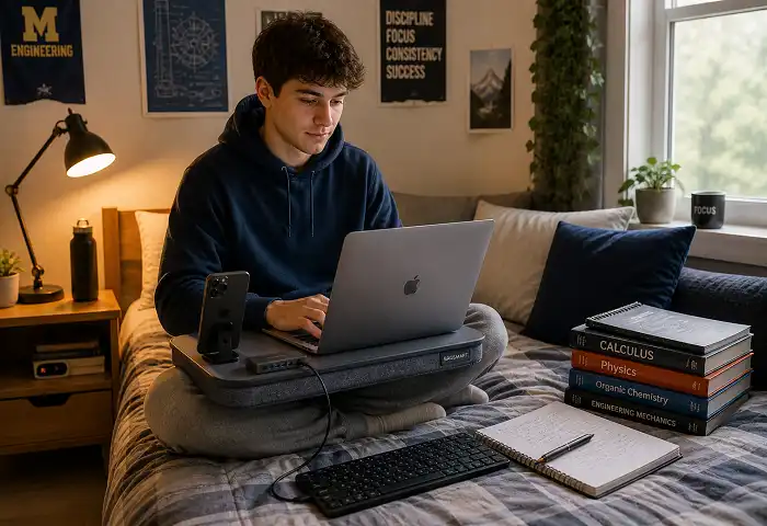student lap gadgets laptop study setup bedroom