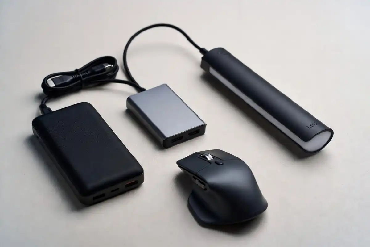 Affordable school gadgets for students including power bank, USB hub, desk lamp, and wireless mouse
