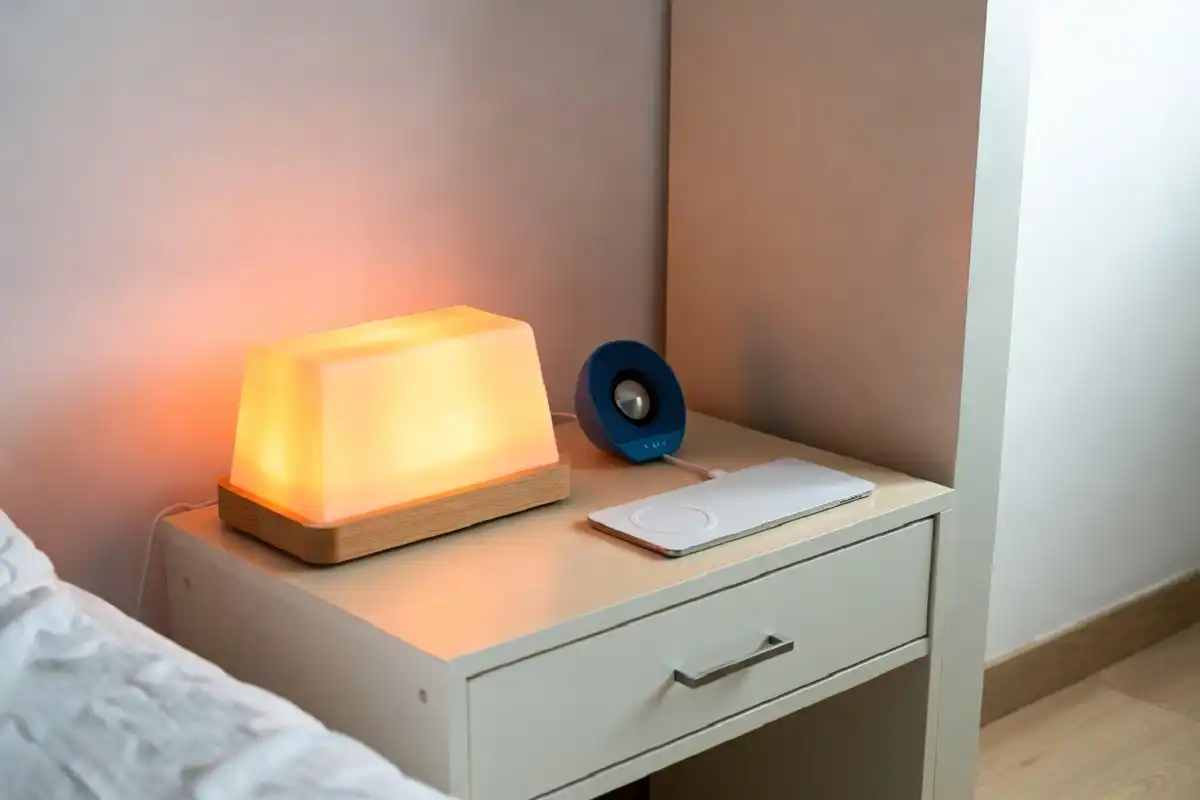 White noise machine and air purifier in a tidy bedroom