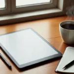 Best e ink tablet placed on a desk next to a stylus and notebook in a clean workspace