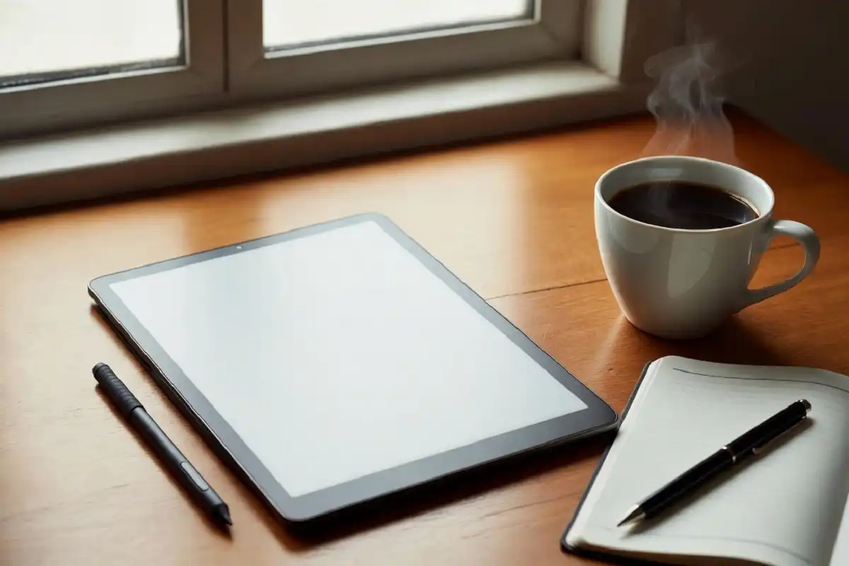 Best e ink tablet placed on a desk next to a stylus and notebook in a clean workspace