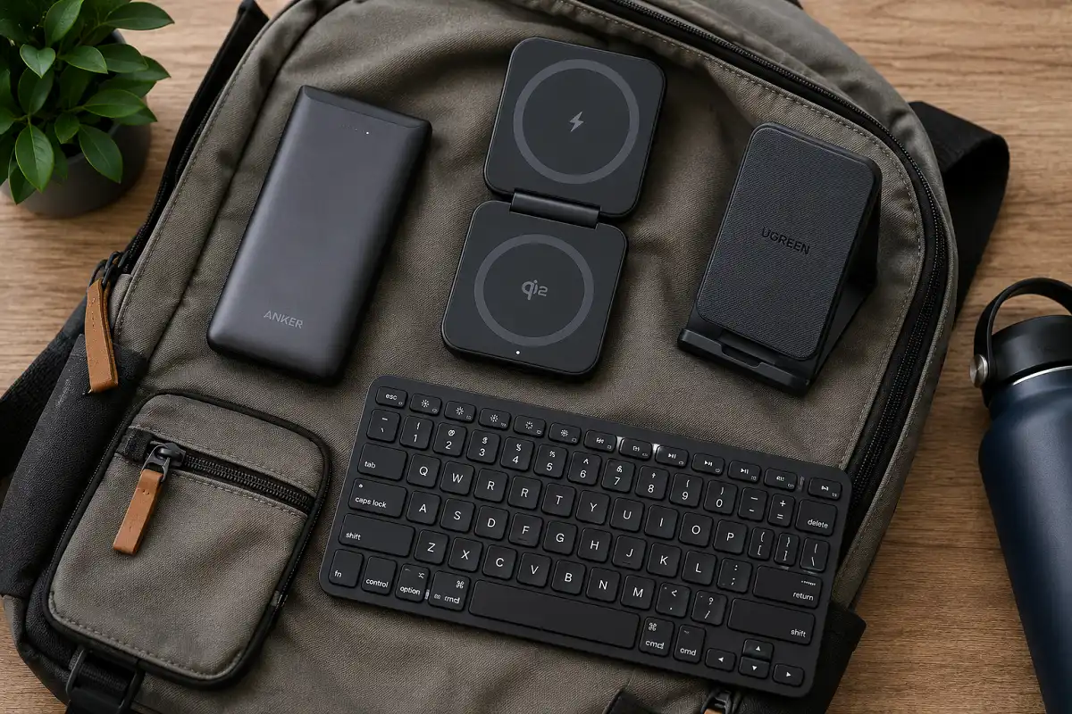 Portable trendy gadgets including a power bank, compact keyboard, and foldable phone stand on a travel bag