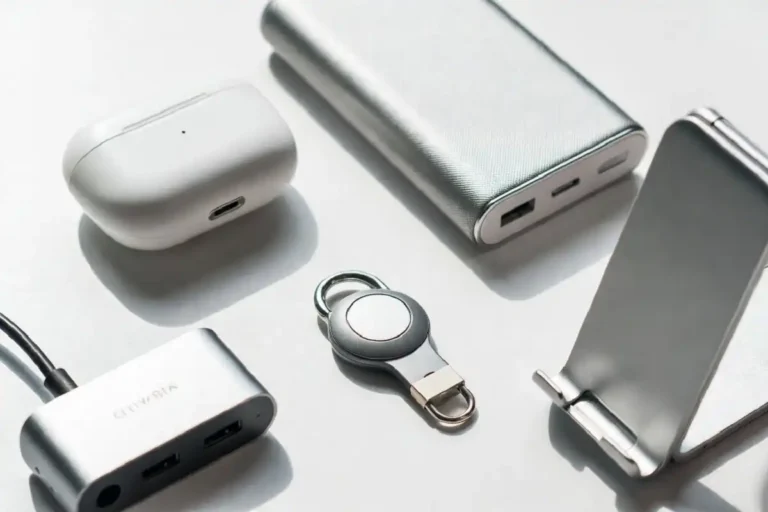 Flat lay of best small gadgets including earbuds, power bank, USB hub, and phone stand on white background