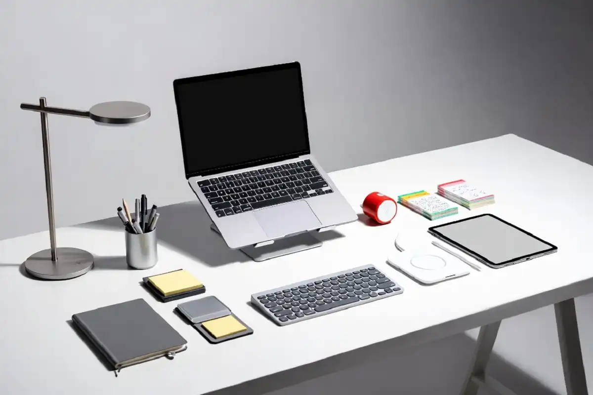 Top-down view of a complete study gadgets desk setup