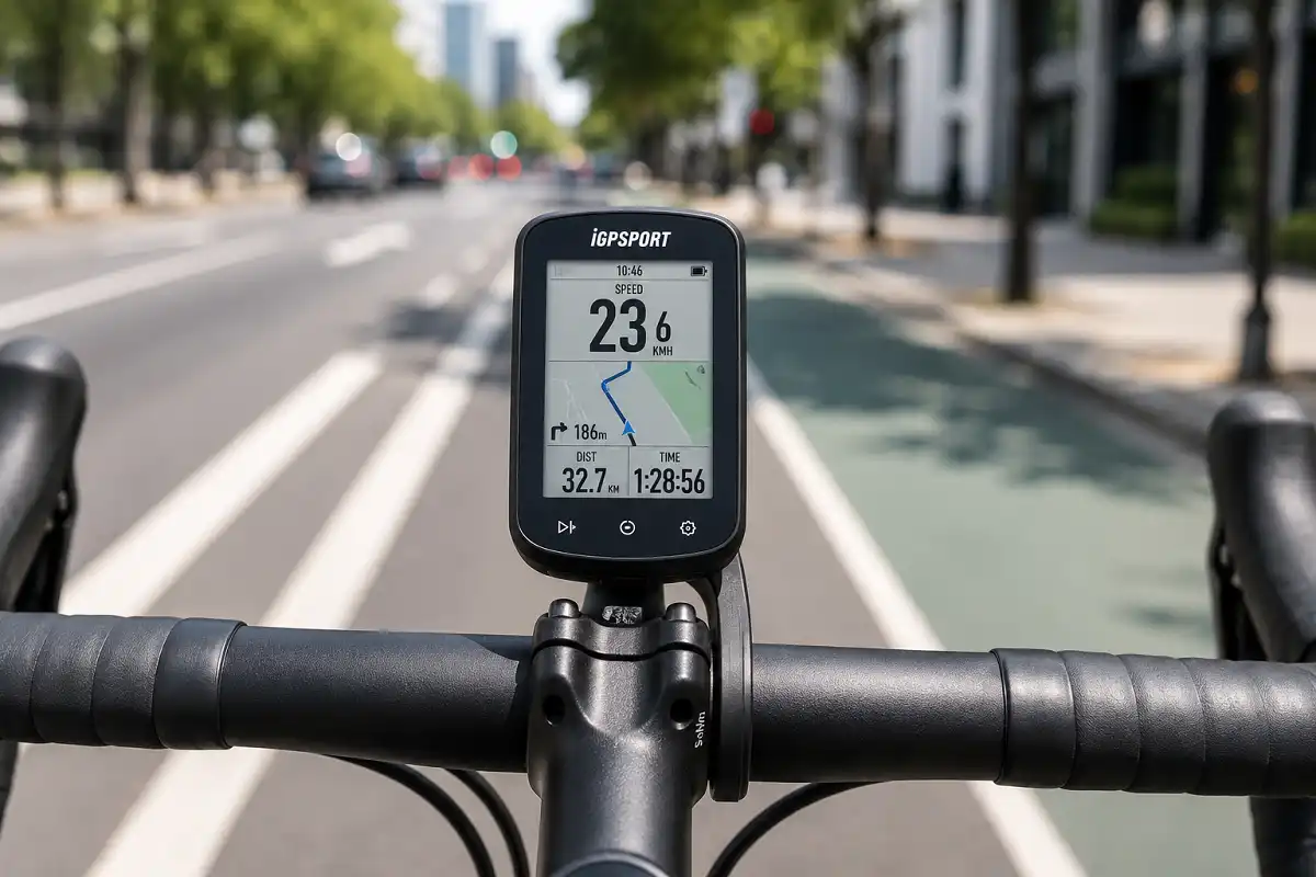 Budget GPS bike computer mounted on handlebar showing speed and distance