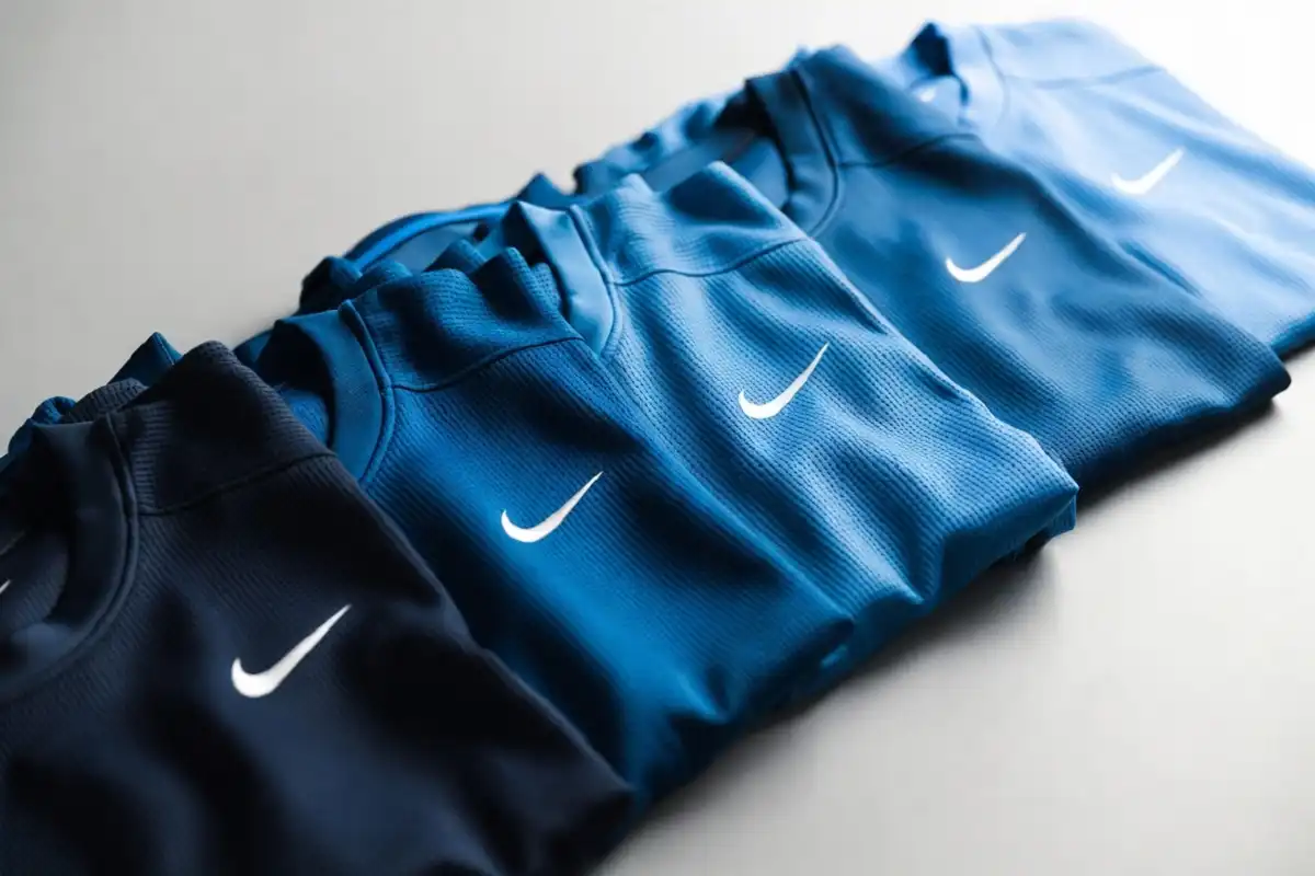 Multiple Nike Tech pieces in different shades of blue displayed side by side showing colorway options