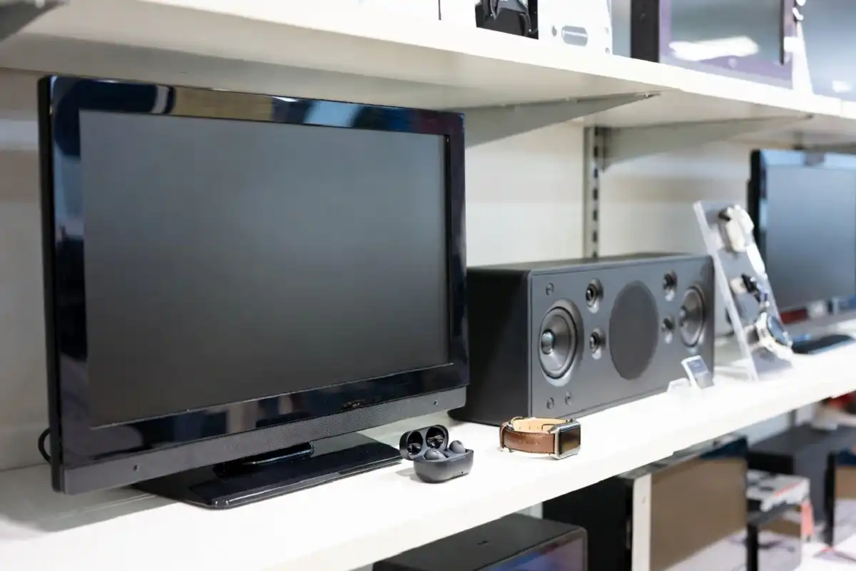 Smart TV, wireless earbuds, and a soundbar displayed on a shelf