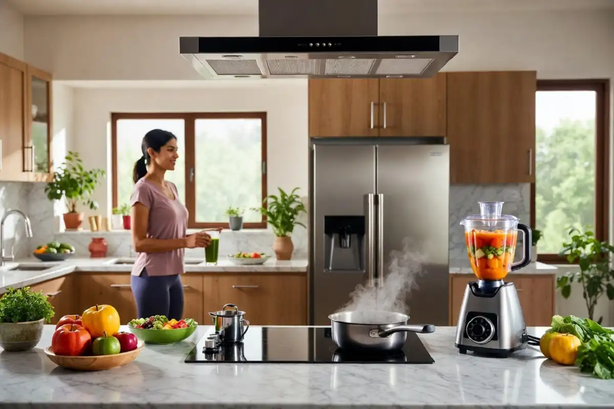 Modern Indian kitchen featuring Cellecor mixer grinder and refrigerator