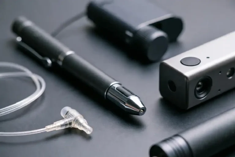 Various cheating gadgets including a spy pen and hidden earpiece on a desk