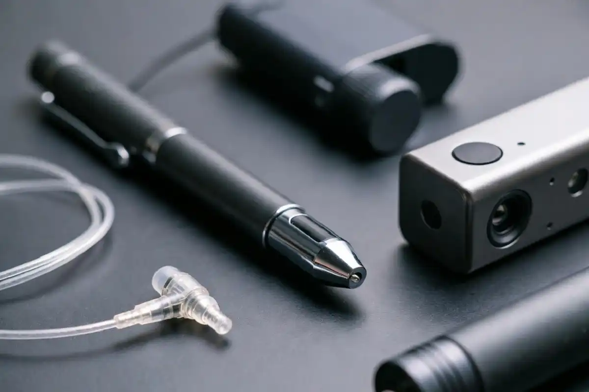 Various cheating gadgets including a spy pen and hidden earpiece on a desk