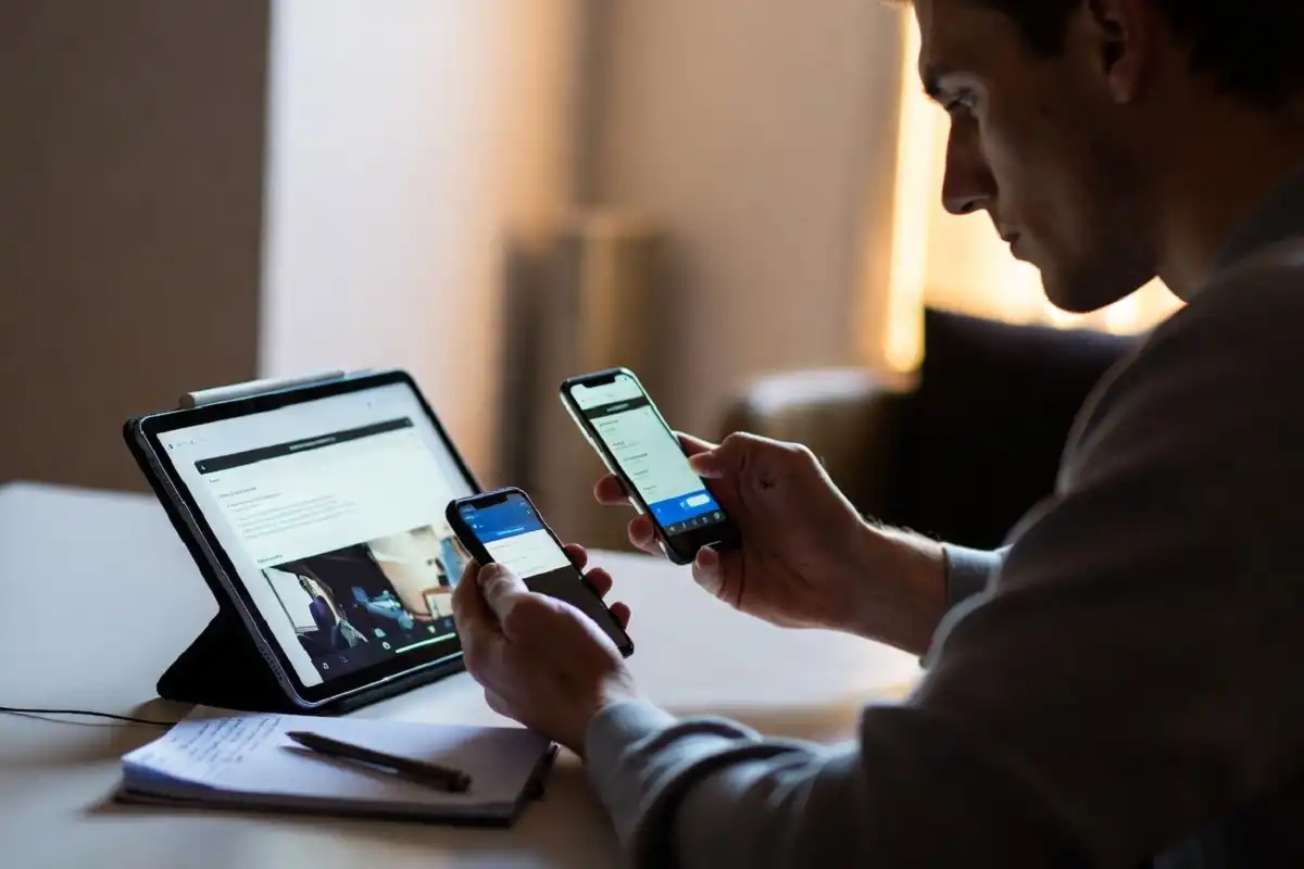 Person comparing two smart devices while reading product details on a tablet