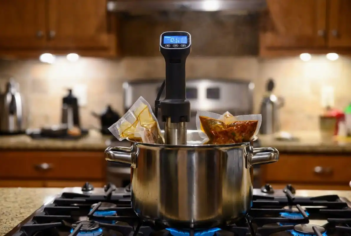 Compact sous vide cooker gadget being used in a home kitchen
