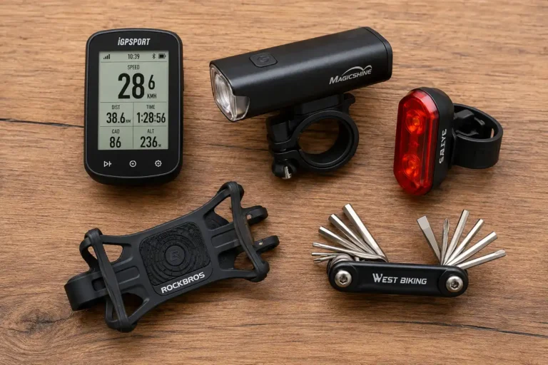 Collection of affordable cycle gadgets under 100 including bike computer, lights, and accessories