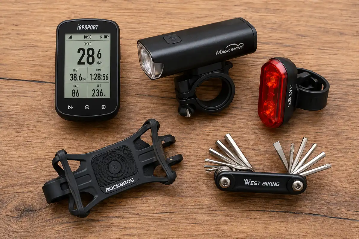 Collection of affordable cycle gadgets under 100 including bike computer, lights, and accessories