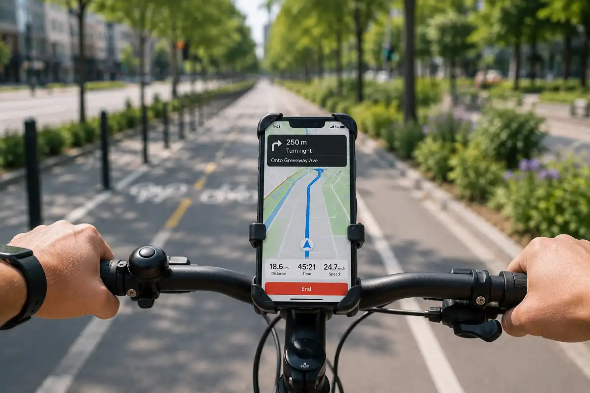 Smartphone mounted on bike handlebar with cycling navigation app open