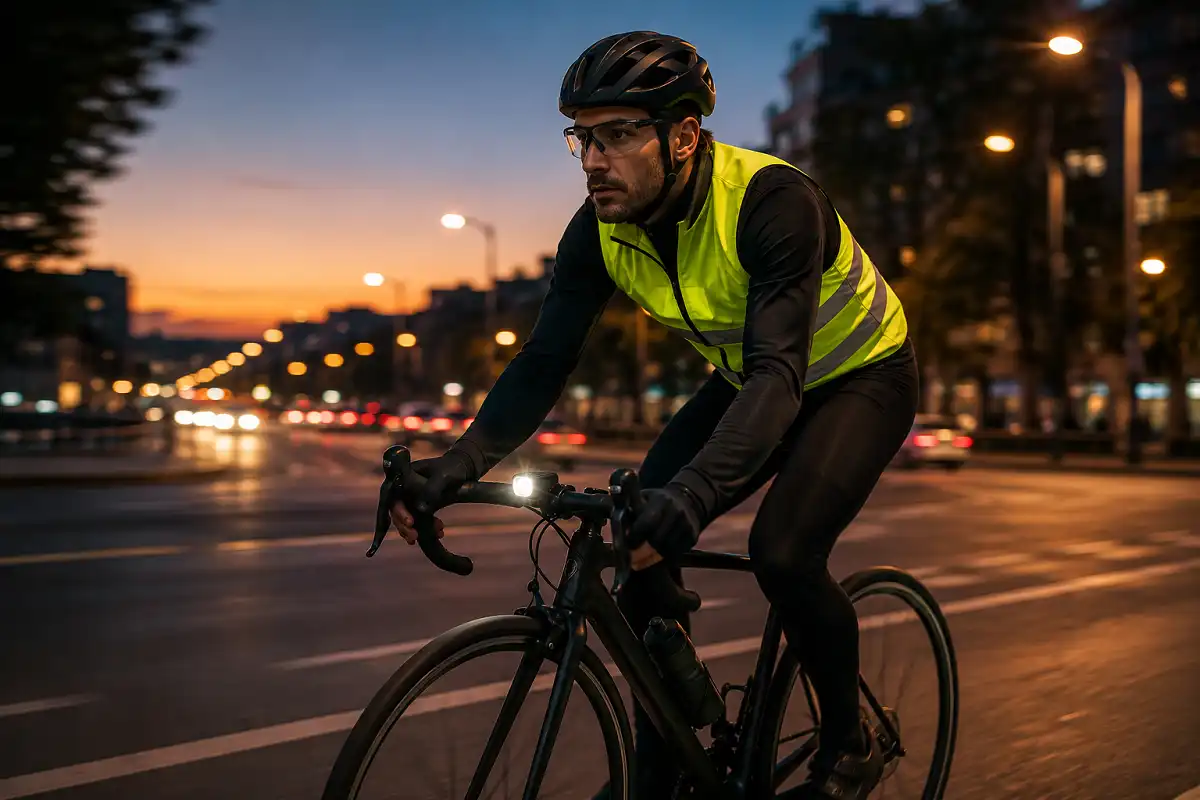 Cyclist wearing reflective vest and cycling glasses at dusk on a city road