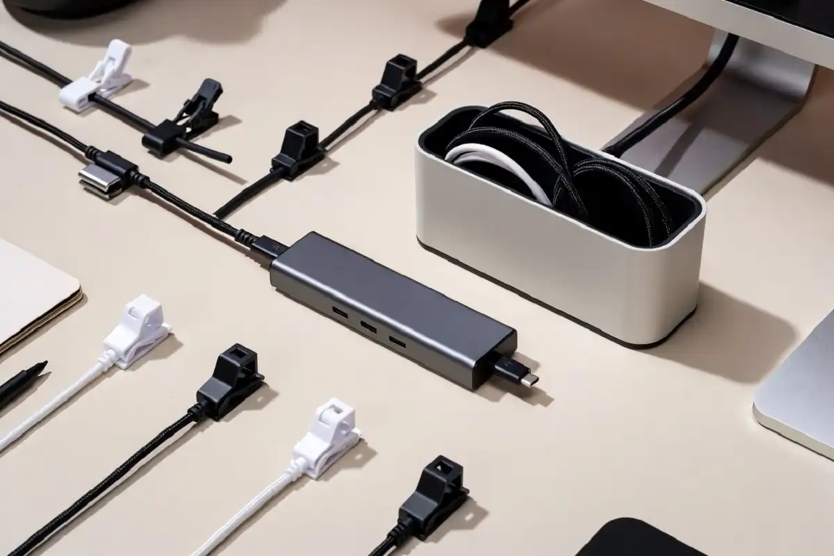 Cable management desk gadgets and USB hub on office desk