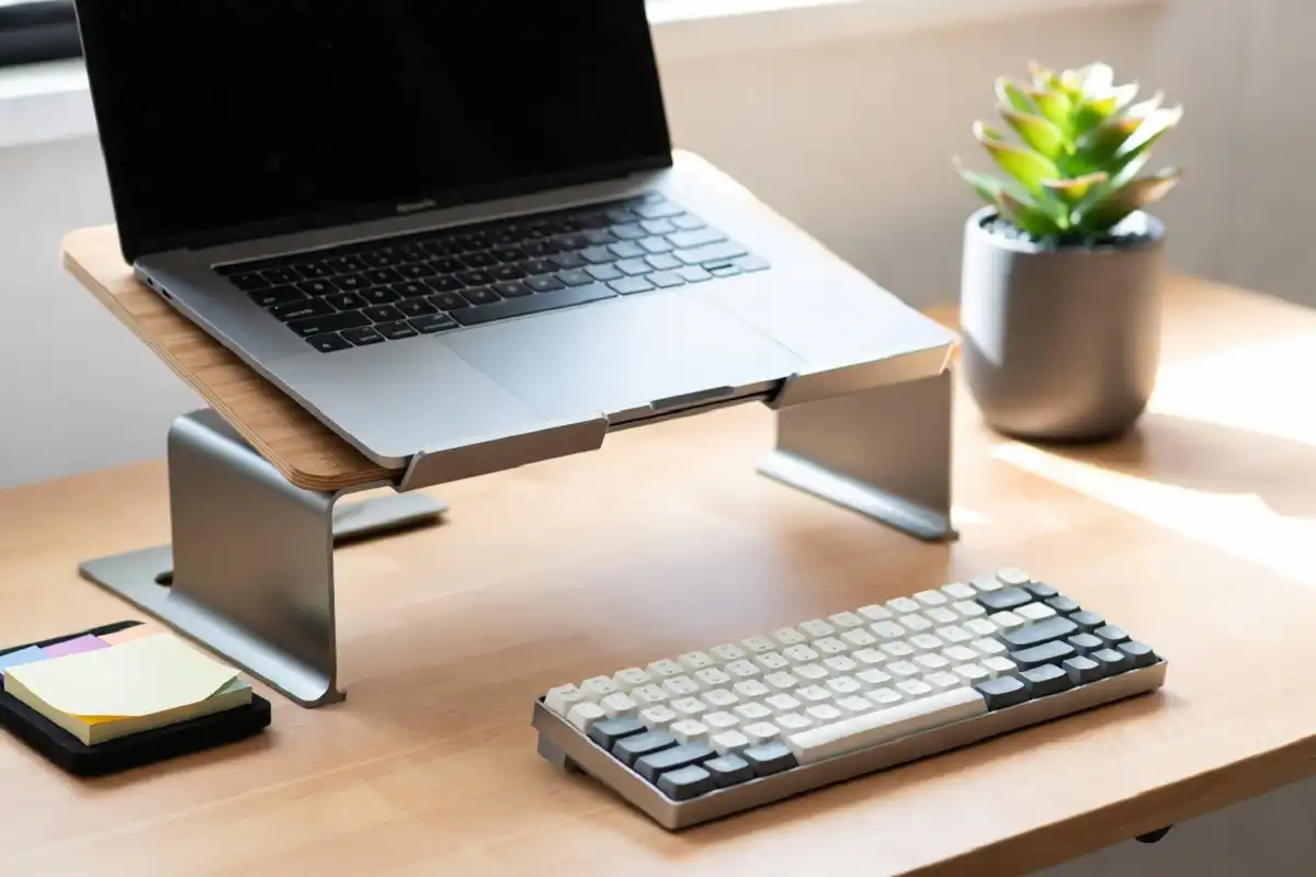 Productivity desk gadgets including monitor stand and planner on work desk
