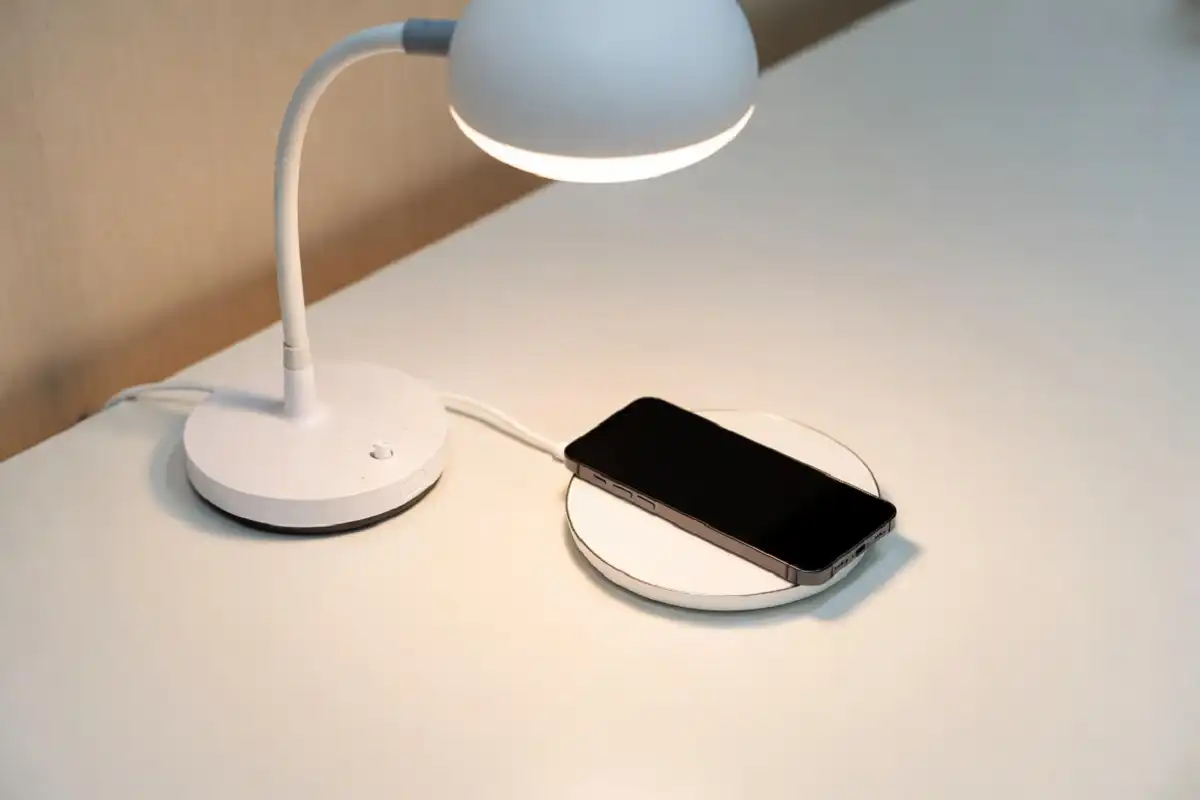 Wireless charger and smart LED lamp on a home office desk