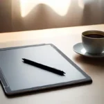 Digital paper tablet with stylus on a wooden desk in a clean workspace