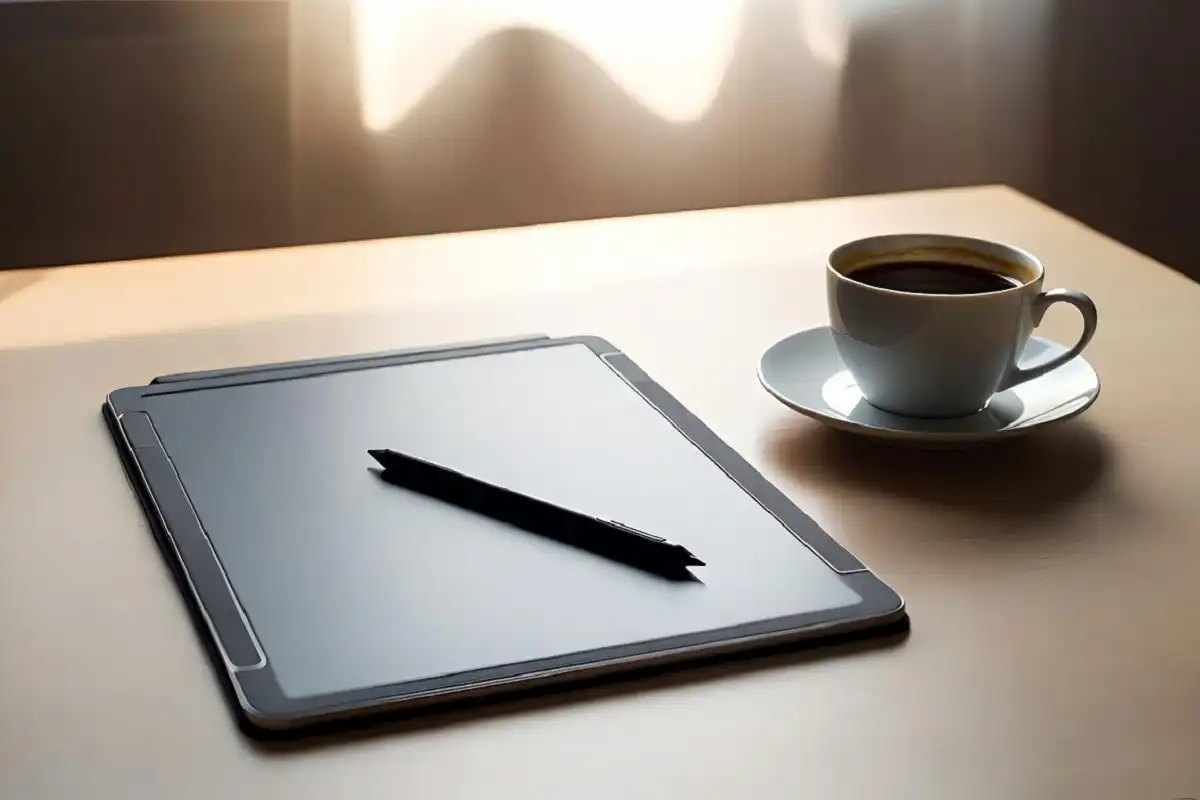 Digital paper tablet with stylus on a wooden desk in a clean workspace