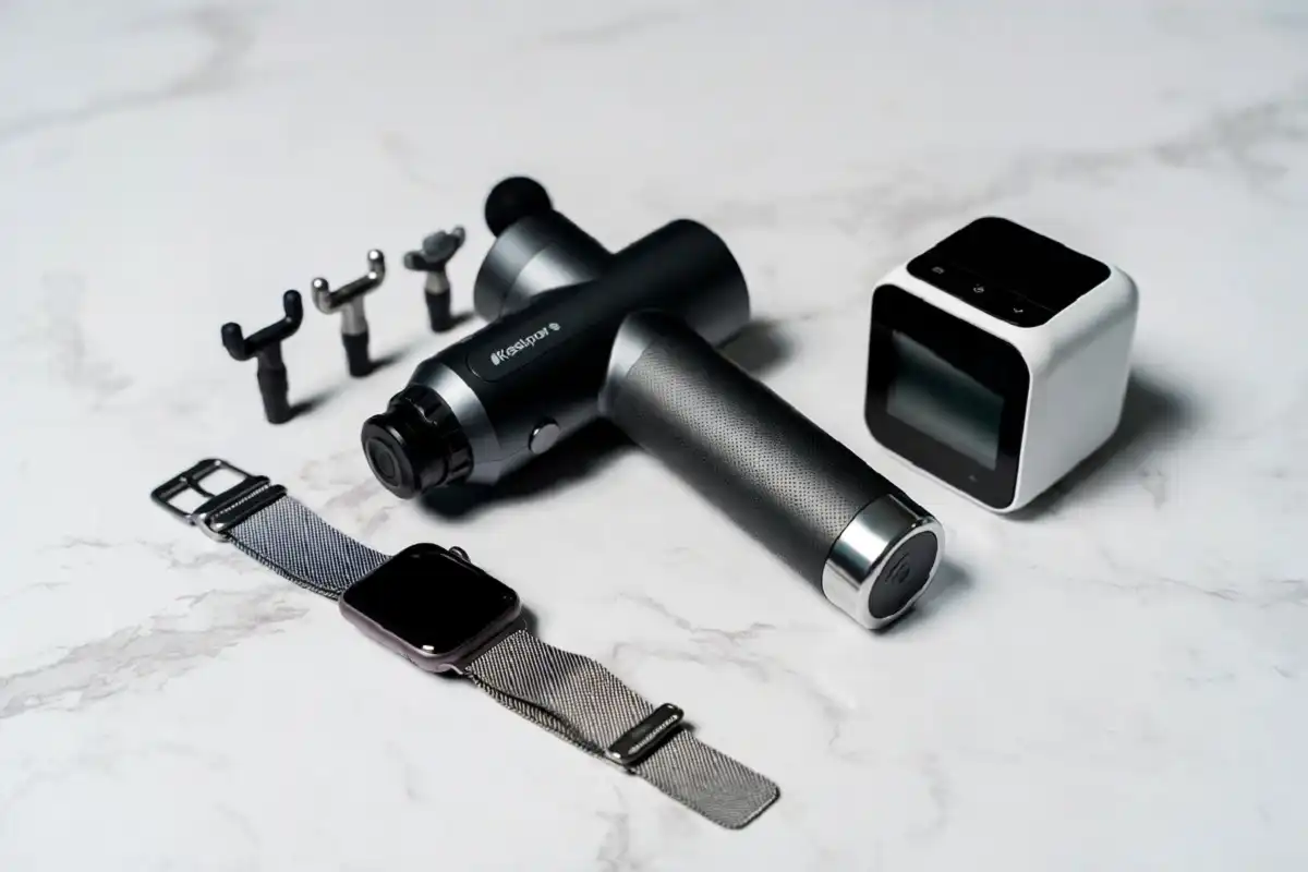 Dream gadgets for health including a smartwatch, massage gun, and air quality monitor on a clean white surface