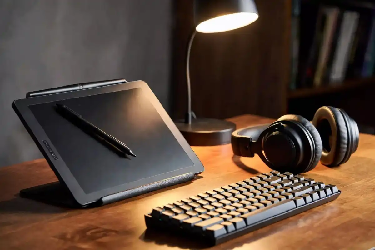 Dream gadgets for productivity on a wooden desk including an e-ink tablet, mechanical keyboard, and headphones
