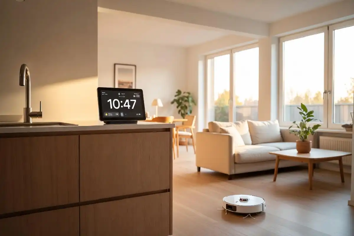 Dream gadgets for the home including a smart display and robot vacuum in a modern living room