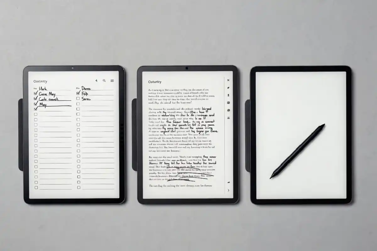 Three e ink tablets arranged side by side showing a comparison of different models and interfaces