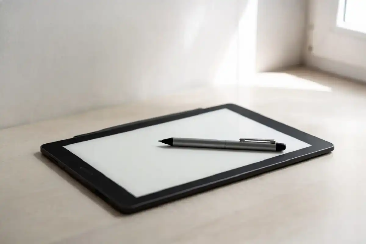 E ink writing tablet with stylus on a clean modern desk for note-taking