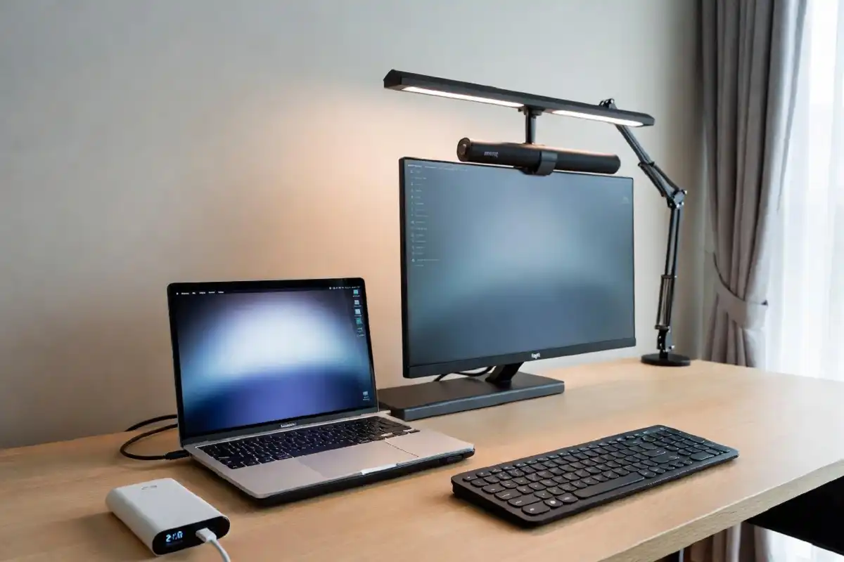 Modern work from home desk setup with electronics gadgets including keyboard and USB hub