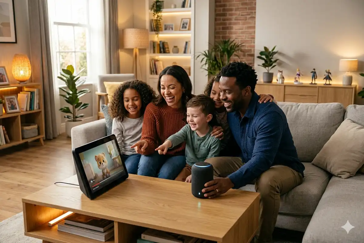 Family using gadgets together — smart home devices and bonding