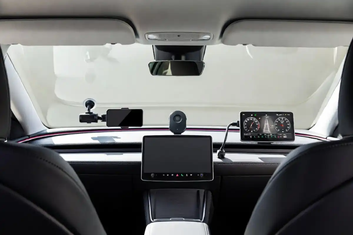 best gadgets for car arranged on a car dashboard and interior