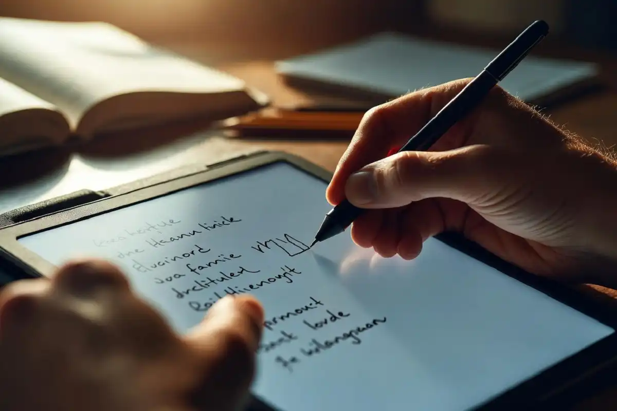 Student writing notes on e-ink tablet for distraction-free studying