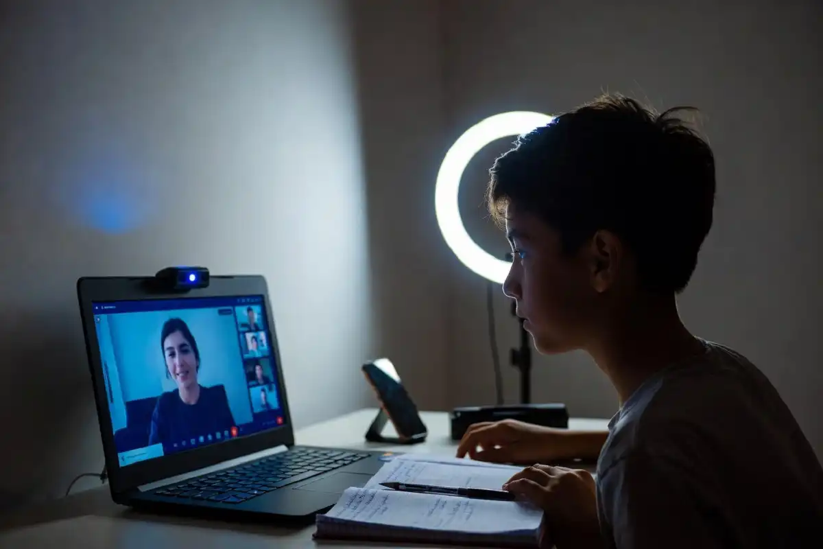 Student attending online class with essential tech gadgets