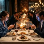 Influence of technical gadgets on human relations — couple on phones at dinner table