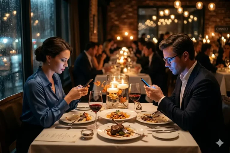 Influence of technical gadgets on human relations — couple on phones at dinner table