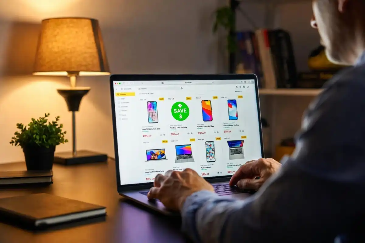 Person browsing gadgets now coupon deals on a laptop