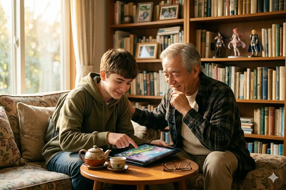 Generational differences in gadget use — grandparent and grandchild with devices