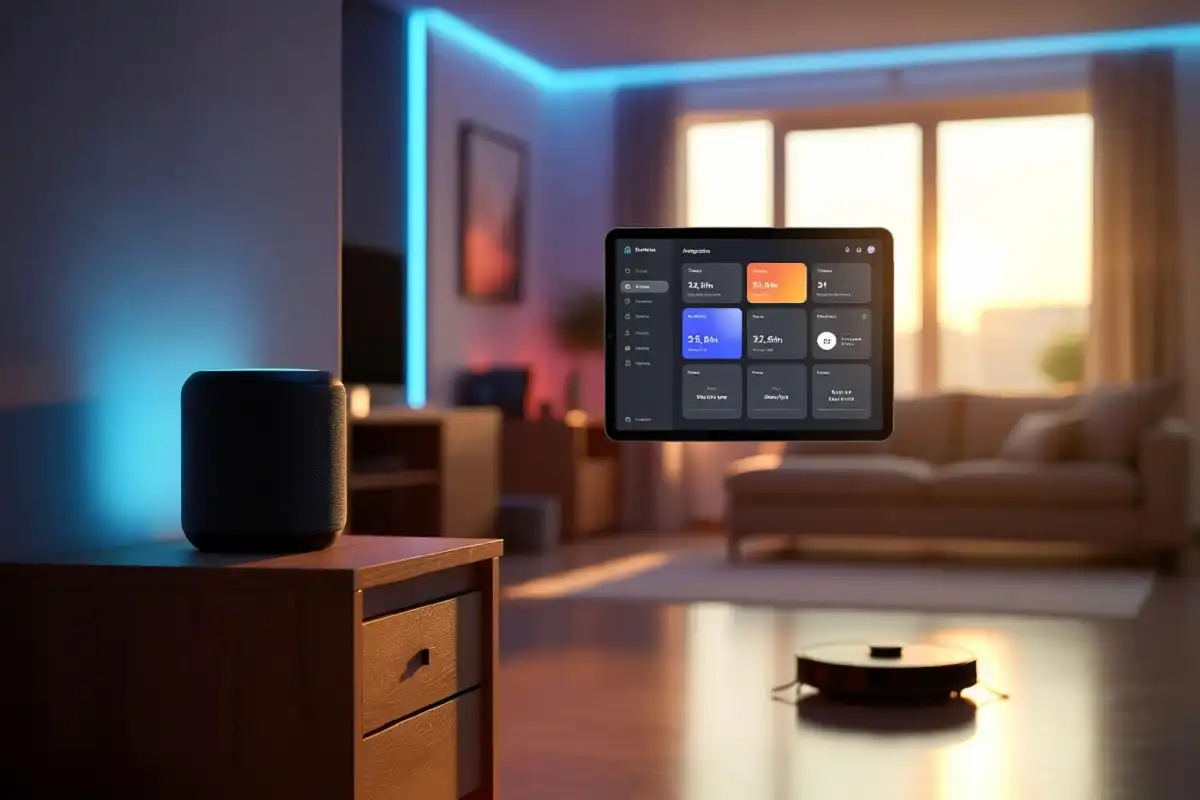 Smart home digital gadgets including smart speaker and lighting