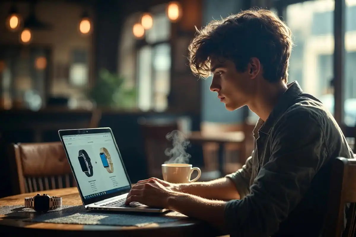 Person comparing digital gadgets on a laptop screen before buying