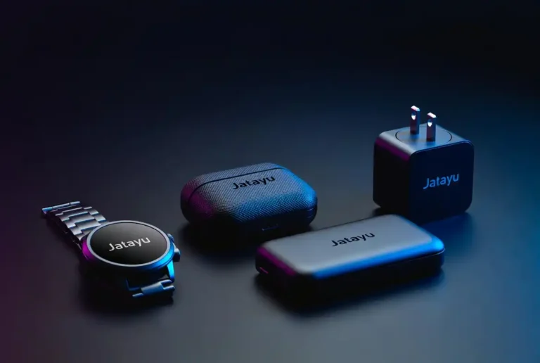 Jatayu gadgets collection 2026 — smartwatch, earbuds, power bank on a dark tech desk