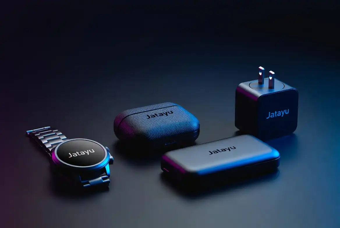 Jatayu gadgets collection 2026 — smartwatch, earbuds, power bank on a dark tech desk