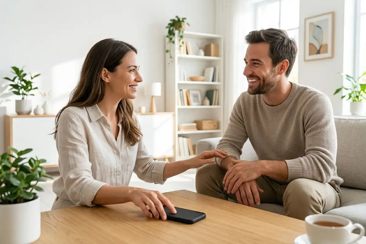 Person putting phone away to connect with partner — mindful gadget use